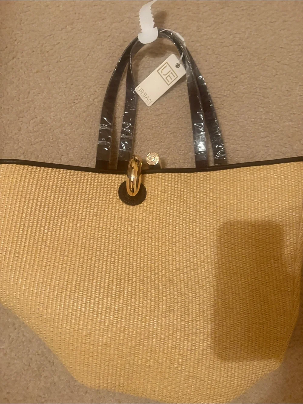 Urban Expressions Natural Straw Tote with Black Trim and Pocket